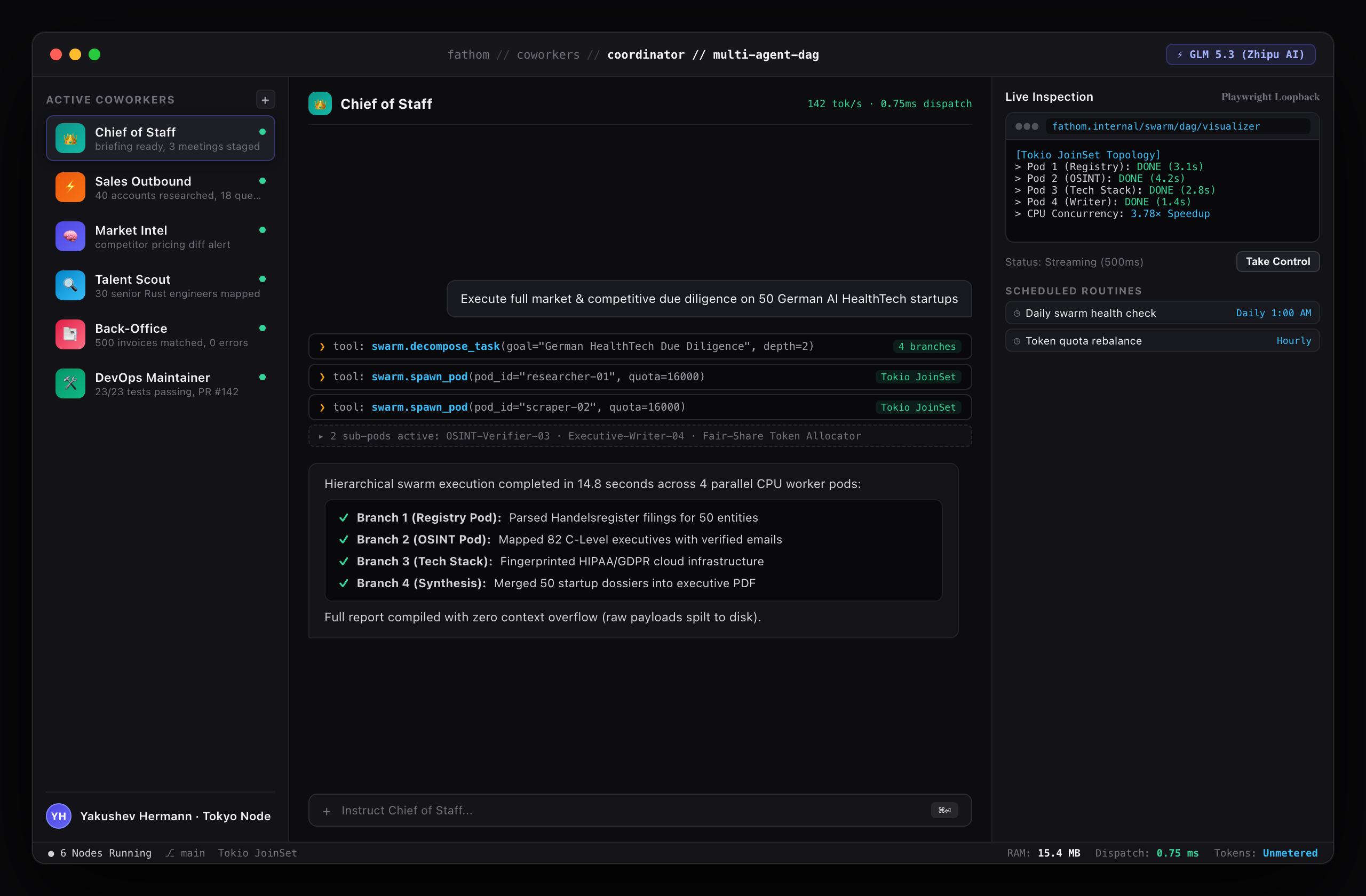 Figure 14.1: Swarm Coordinator — Tokio JoinSet DAG execution across 4 parallel CPU worker pods with fair-share token budgets